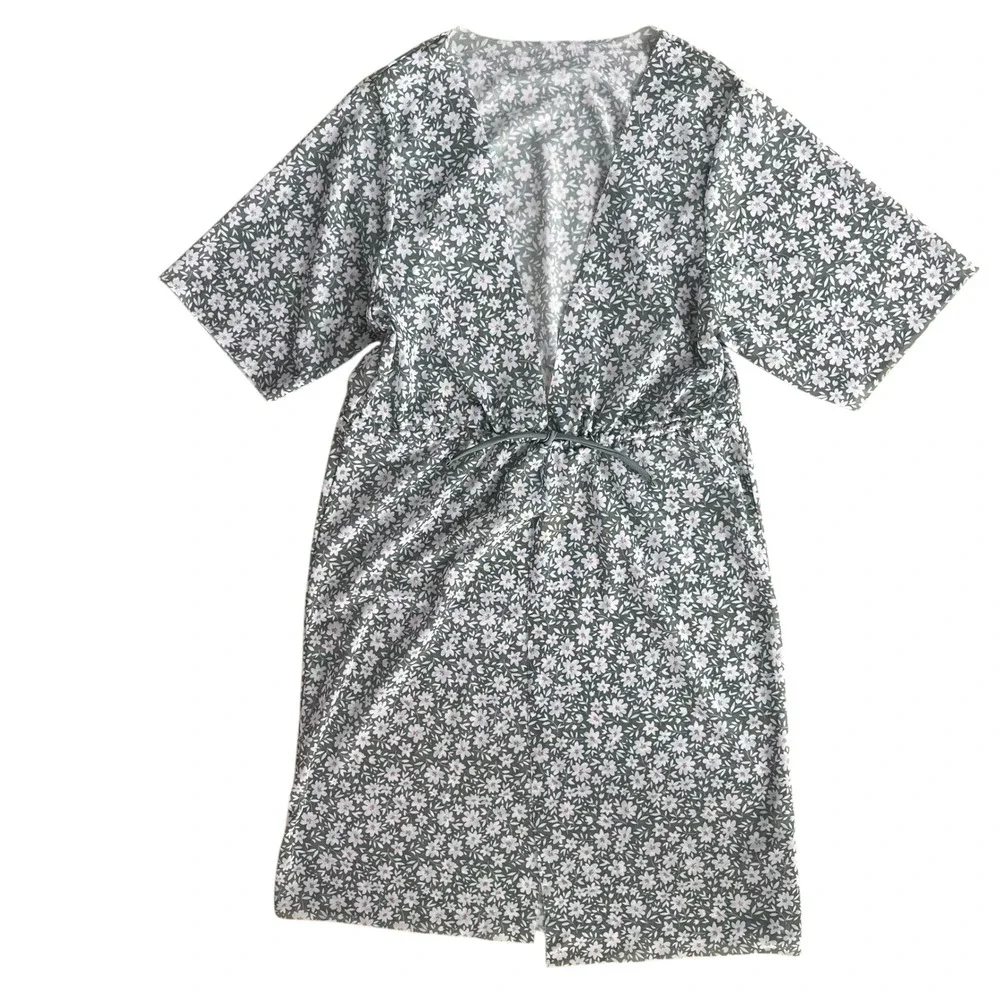Girl's 14 Green White Pink Floral Short Sl Drawstring Kimono Beach Swim Cover-up